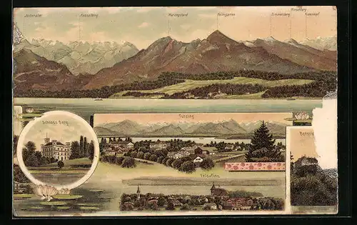 Lithographie Tutzing, Teilansicht, Schloss Berg, Bergpanorama mit Kesselberg, Herzgostand und Heimgarten