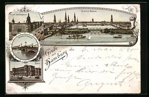 Vorläufer-Lithographie Hamburg, 1895, Haupt-Postgebäude, Börse, Lombardsbrücke