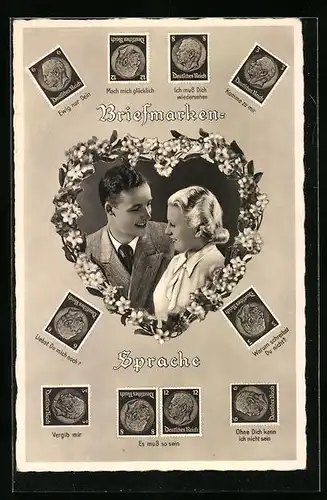 AK Briefmarkensprache mit Herzmotiv