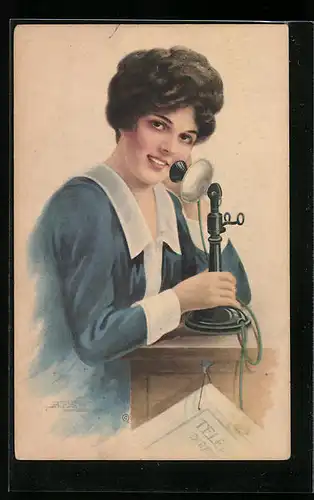 Künstler-AK Dame am Telefon