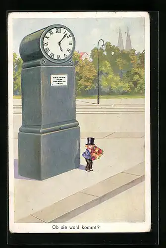 Künstler-AK Junge mit Zylinder und Blumenstrauss an der Uhr, Ob sie wohl kommt?