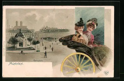 Lithographie München, Partie am Karlsplatz, Litfasssäule