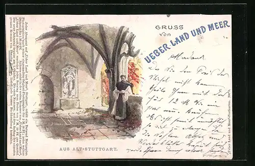 Künstler-AK Alt-Stuttgart, Mönch im Klostergang