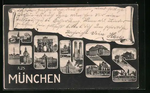 AK München, Partien der Stadt mit Frauenkirche, Brunnen