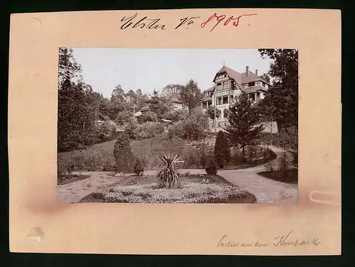 Fotografie Brück & Sohn Meissen, Ansicht Bad Elster, Blick vom Kurpark auf die Villa Sachsengrün, Rückseite mit AK