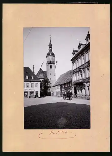 Fotografie Brück & Sohn Meissen, Ansicht Pulsnitz, Hauptmarkt mit Modehaus Ernestine Wahner, Hotel Grauer Wolf