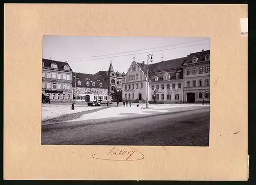 Fotografie Brück & Sohn Meissen, Ansicht Pulsnitz, Hauptmarkt, Rathskeller, Hotel grauer Wolf, Geschäft Angermann, Gude