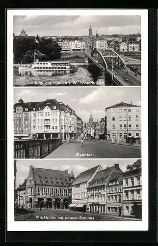 AK Minden i. W., Marktplatz mit neuem Rathaus, Ortsansicht mit Weserbrücke, Wesertor