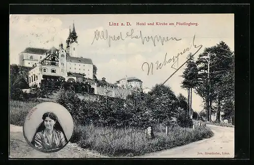 AK Linz a. D., Hotel und Kirche am Pöstlingberg