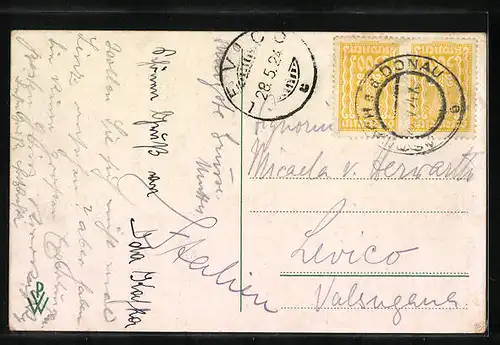 Künstler-AK Aschach a. d. Donau, Ortspartie im Abendrot