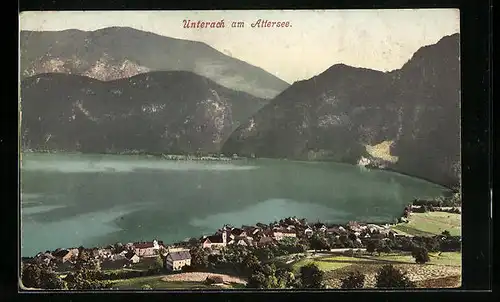 AK Unterach a. Attersee, Ortspartie mit See und Bergpanorama