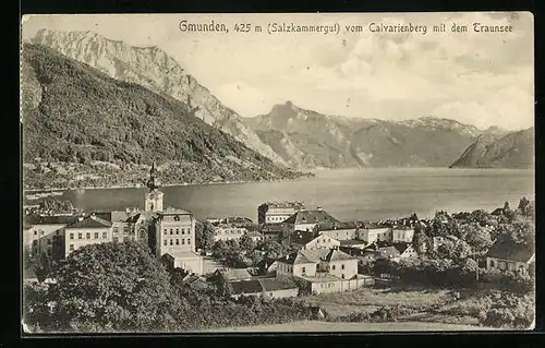 AK Gmunden, Ortsansicht mit Bergpanorama