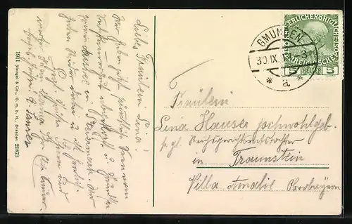 AK Gmunden, Ortsansicht mit Bergpanorama