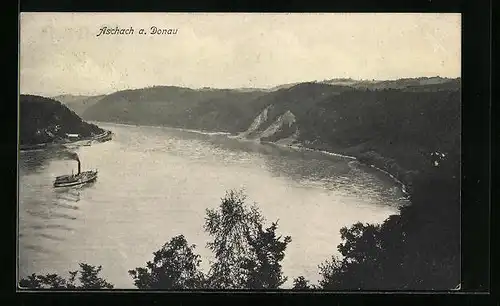 AK Aschach a. Donau, Flusspartie mit Dampfer