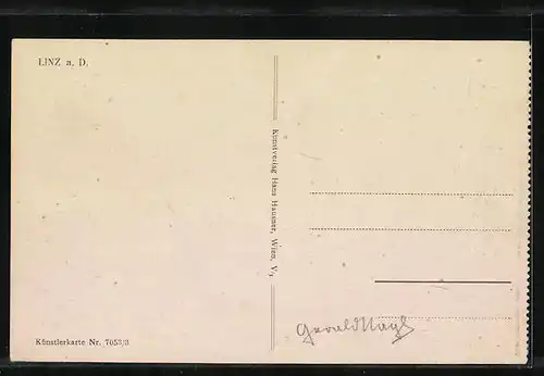 Künstler-AK Linz a. D., Totalansicht mit Flusspartie