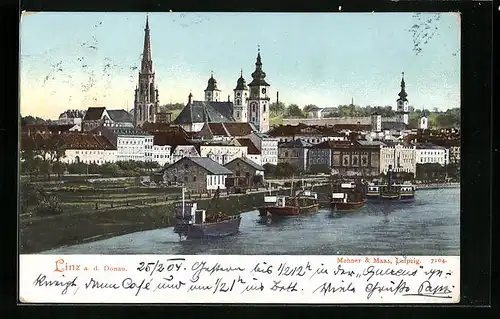 AK Linz a. D., Ortsansicht mit Flusspartie und Dampfern