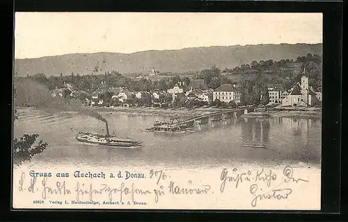 AK Aschach a. d. Donau, Uferpartie mit Kirche und Dampfer