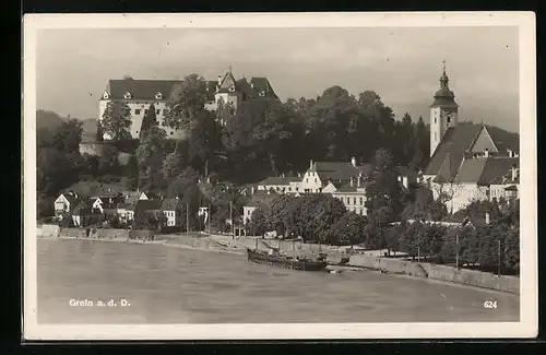 AK Grein a. d. D., Uferpartie mit Kirche und Boot