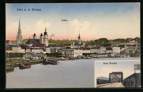 AK Linz a. d. Donau, Hafen, Neue Brücke