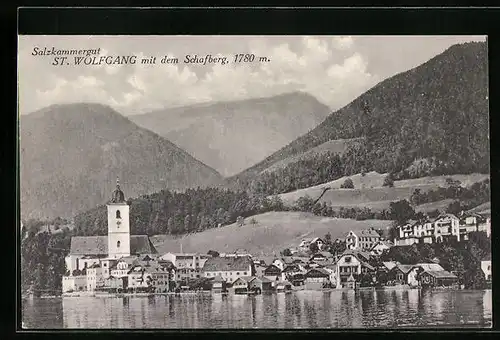 AK St. Wolfgang, Salzkammergut, Uferpartie mit Kirche und dem Schafberg