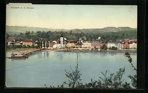 AK Aschach a. d. Donau, Uferpartie mit Bootssteg