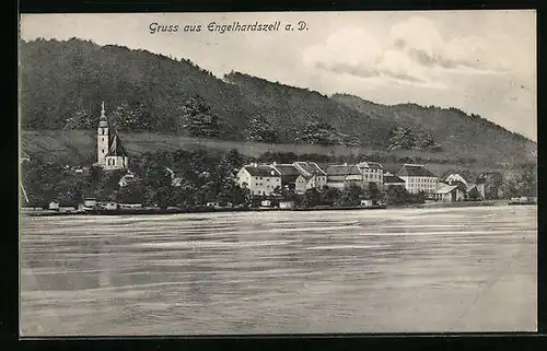 AK Engelhardszell a. D., Uferpartie mit Kirche