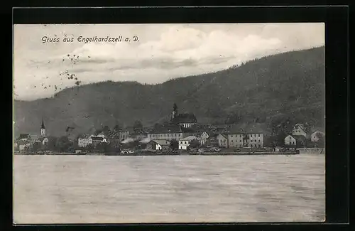 AK Engelhardszell a. D., Uferpartie mit Kirche