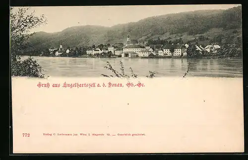 AK Engelhartszell a. d. Donau, Uferpartie mit Kirche