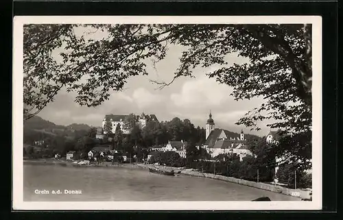 AK Grein a. d. Donau, Uferpartie mit Kirche