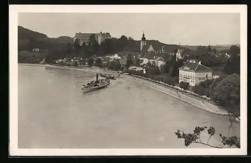 AK Grein a. d. Donau /Strudengau, Uferpartie mit Kirche und Dampfer
