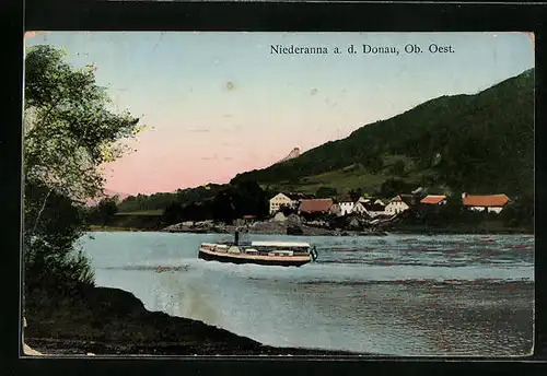 Goldfenster-AK Niederanna a. d. Donau, Uferpartie mit Dampfer