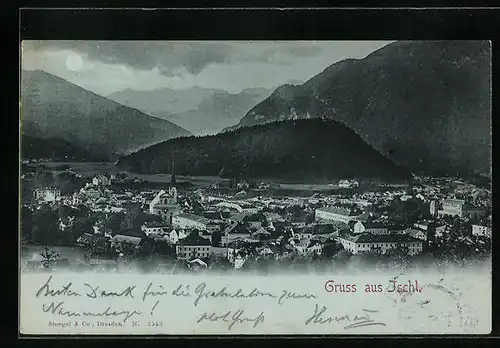 Mondschein-AK Ischl, Gesamtansicht aus der Vogelschau