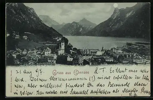 Mondschein-AK Ebensee, Panorama mit Seeblick