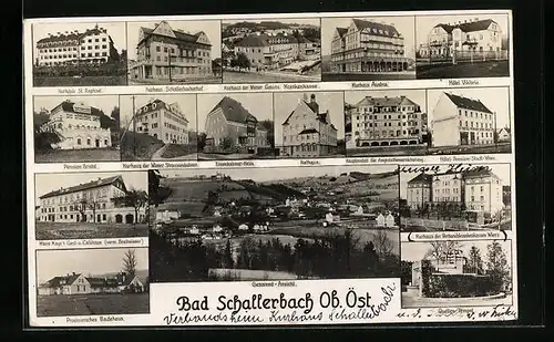 AK Bad Schallerbach, Kurhaus St. Raphael, Eisenbahner Heim, Quellentempel, Hotel Viktoria