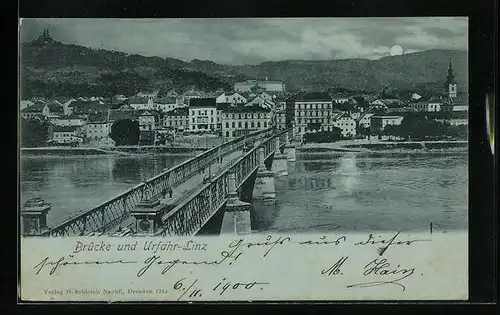 Mondschein-AK Linz-Urfahrt, Ortsansicht von der Brücke gesehen