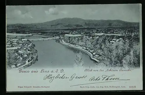 Mondschein-AK Linz a. D., Blick vom Gasthaus Schöne Aussicht