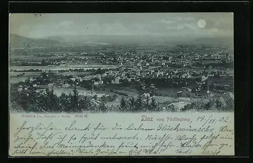 Mondschein-AK Linz a. D., Gesamtansicht vom Pöstlingberg aus