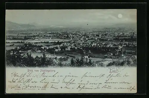Mondschein-AK Linz a. D., Gesamtansicht vom Pöstlingsberg