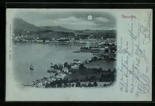 Mondschein-AK Gmunden, Teilansicht aus der Vogelschau