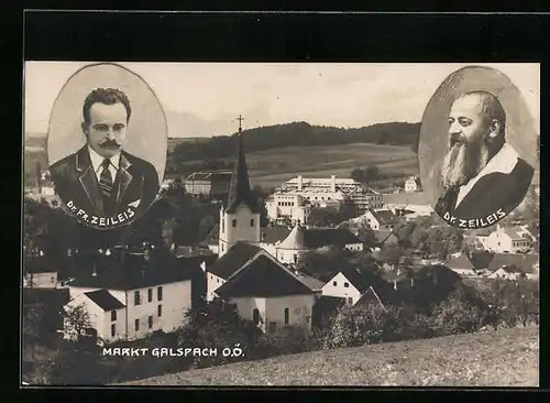 AK Galspach, Ortspartie mit Kirche, Portraits von Dr. Fr. Zeileis und Dr. Zeileis
