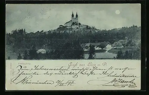 Mondschein-AK Linz a. D., Wallfahrtskirche auf dem Pöstlingberg