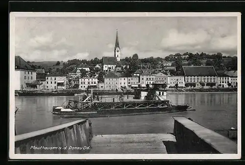 AK Mauthausen a. D., Totalansicht mit Kirche vom anderen Donauufer aus