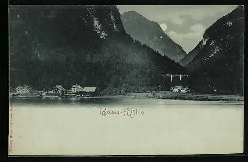 Mondschein-AK Hallstatt, Gasthaus Gosaumühle aus der Ferne
