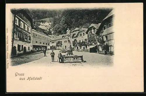 AK Hallstadt, Ortspartie mit Brunnen