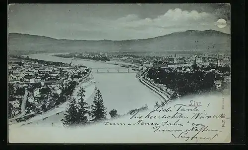 Mondschein-AK Linz a. D., Donaubrücke mit Uferpartien