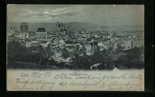 Mondschein-AK Linz a. D., Stadtpartie aus der Vogelschau