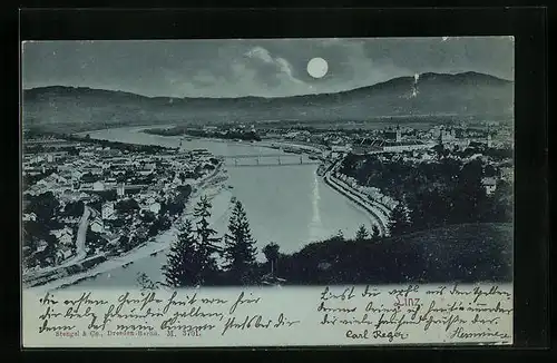 Mondschein-AK Linz a. D., Die Donaubrücke bei Vollmond