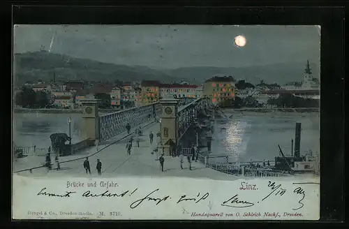 Mondschein-AK Linz a. D., Brücke und Urfahr