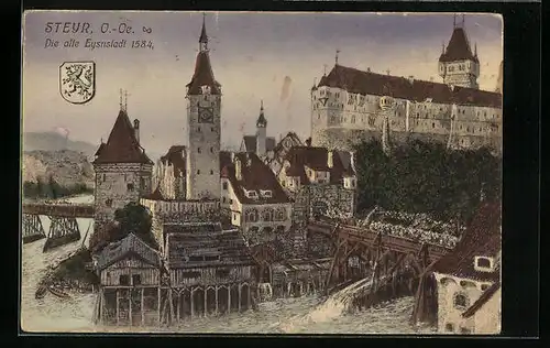 Künstler-AK Steyr, Partie am Wasser, Wappen