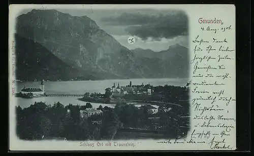 Mondschein-AK Gmunden, Schloss Ort mit Traunstein